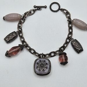 VINTAGE Napier Silver Tone Glass Beaded Charm Bracelet Sunflower Toggle Clasp
